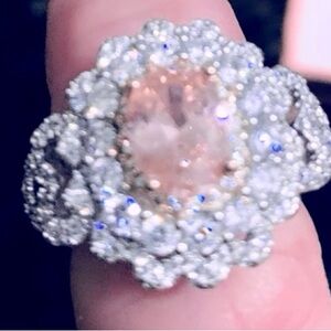 Oval Lab Grown/Diamond Pink Halo Wedding Ring 14k White GP Size 6 1/2